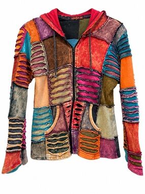 Windhorse Patchwork Cotton Distressed Cutout Zip Hoodie festival hoodie Jacket